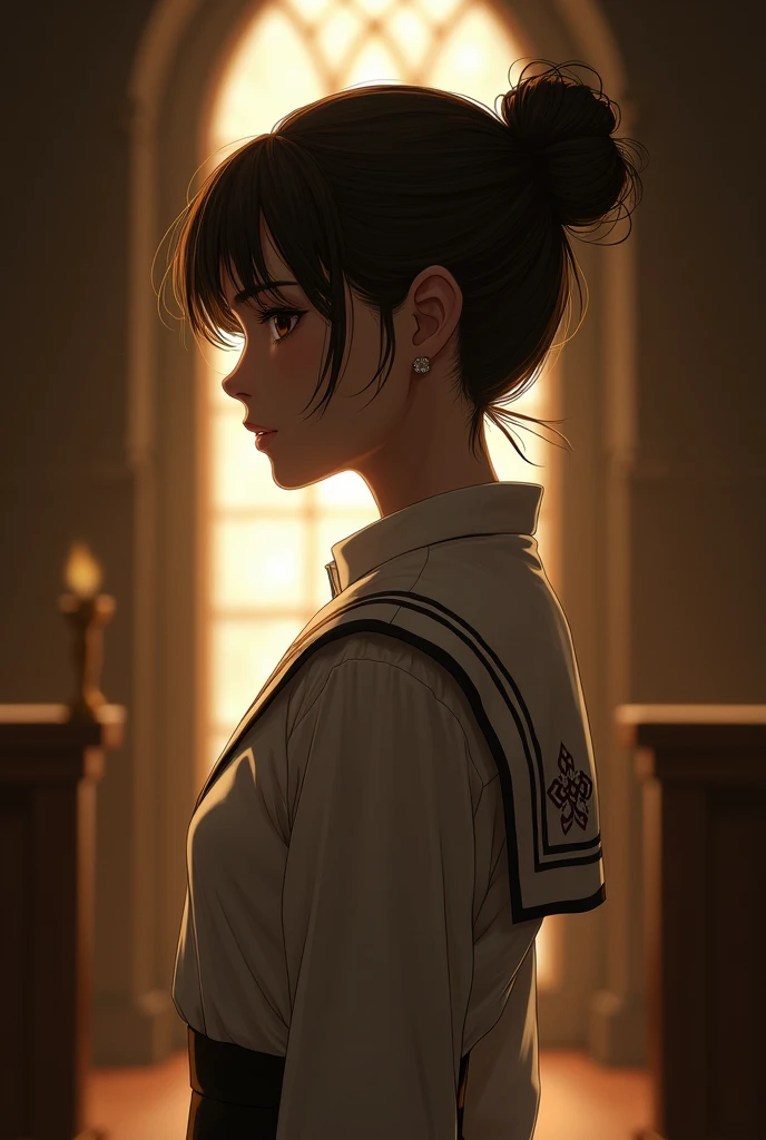  Dressed as an altar boy, with her hair in a bun, Brown color, eyes browns 
