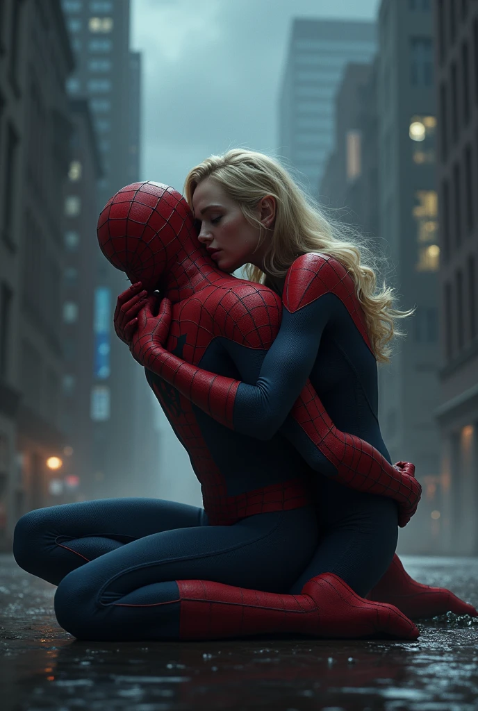 Gwen deadh and hold her spiderman on his hand