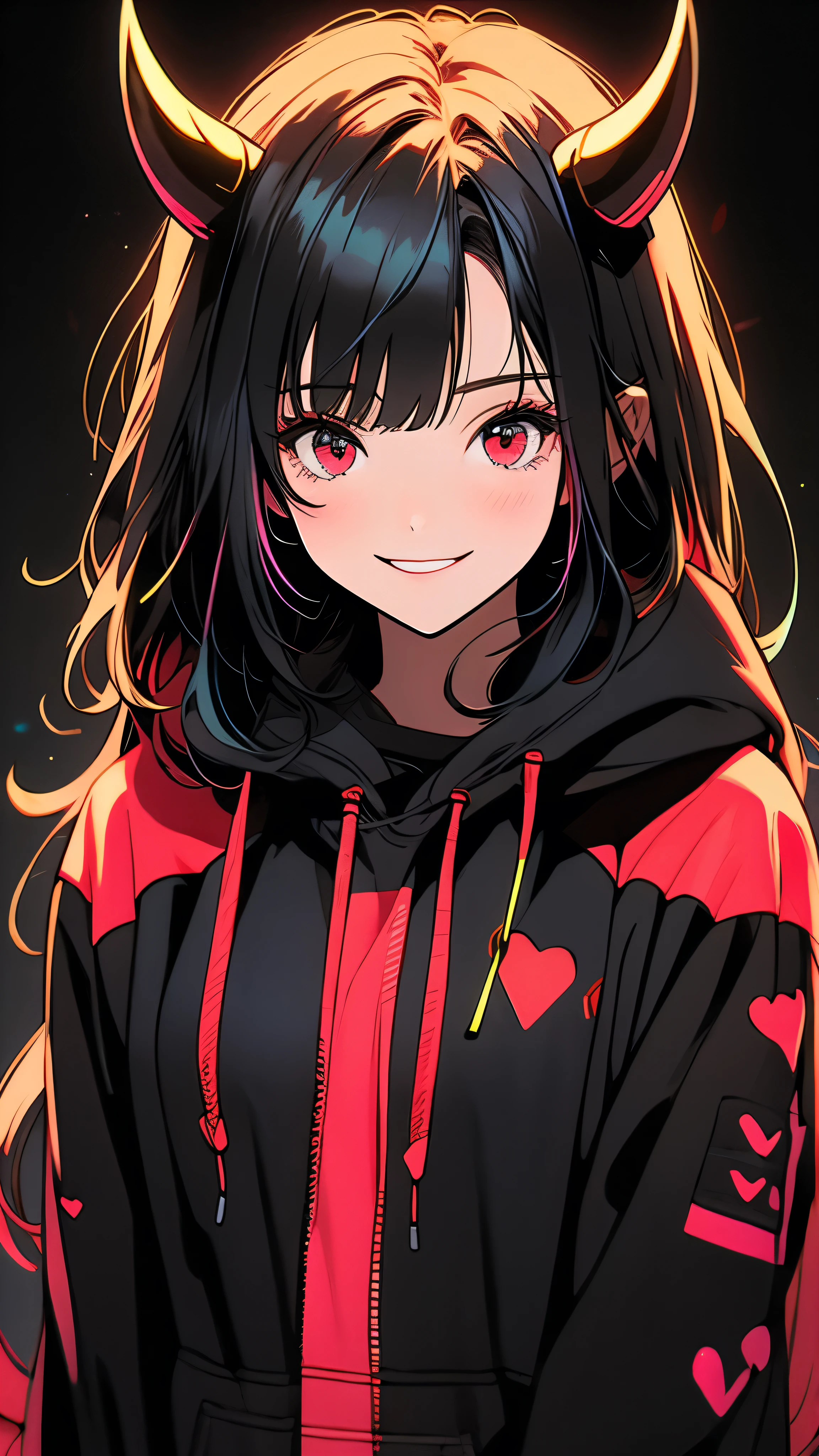 A shy smiling girl, black and multicolored hair, red eyes, black hoodie, bangs, horns, looking at viewer, long hair, simple black background, upper body, neon hearts