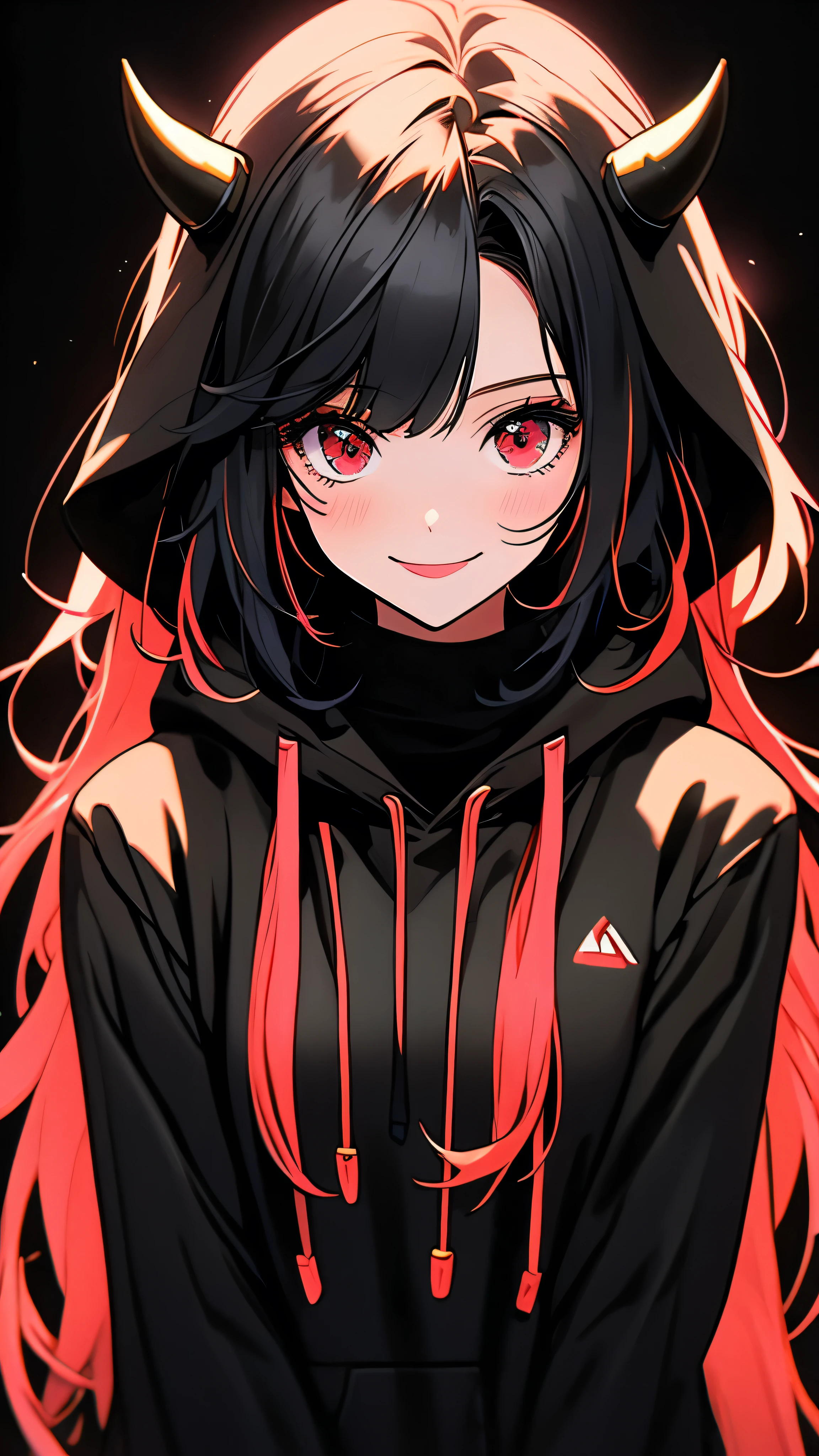 A shy smiling girl, black and multicolored hair, red eyes, black hoodie, bangs, horns, looking at viewer, long hair, simple black background, upper body, neon hearts