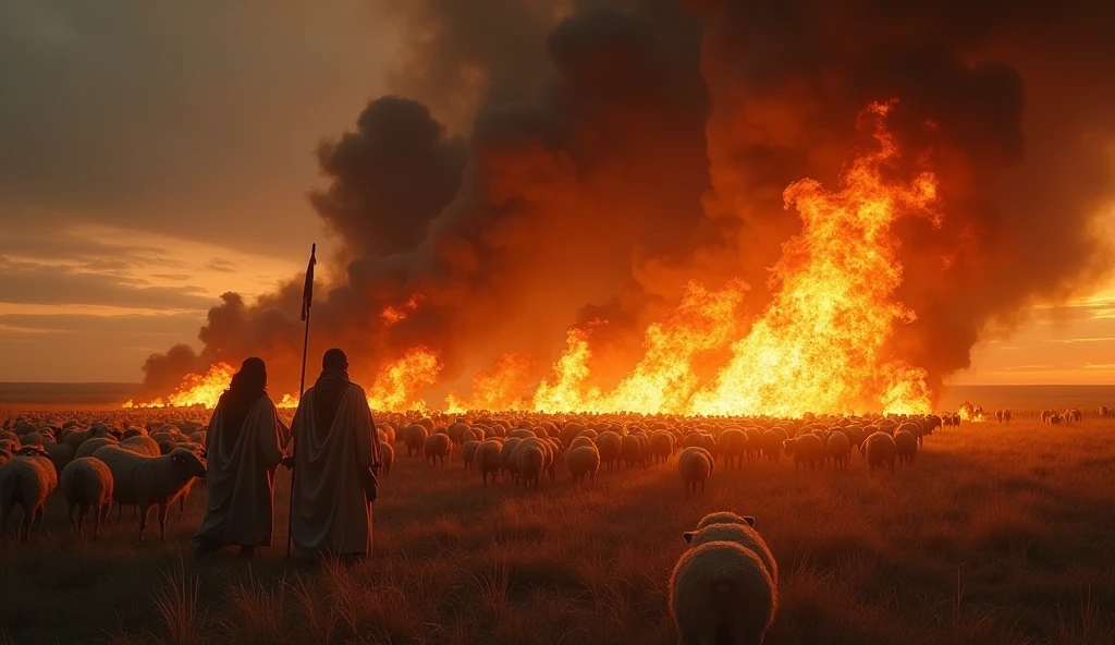 
Image Description: Create a realistic and impactful scene that portrays the harrowing moment in Job&#39;s story, as narrated in the Bible. The image should show a vast pasture under a stormy sky, where intense flames are consuming sheep and slaves. The flames must be vibrant and threatening., as black smoke rises towards the sky, creating a dramatic contrast with the surrounding environment. 

In the foreground, capture the expression of despair and pain on the slaves&#39; faces, who try in vain to save the animals. The sheep, Em meio ao caos, must be visibly scared, some already surrounded by fire. Job should not be in the scene.

Lighting should be gloomy, with the glow of the fire reflecting on the characters&#39; faces, emphasizing the tragedy of the scene. This image is meant to convey the emotional intensity and devastation that the story of Job represents., being appropriate for a shocking scene in a YouTube video.