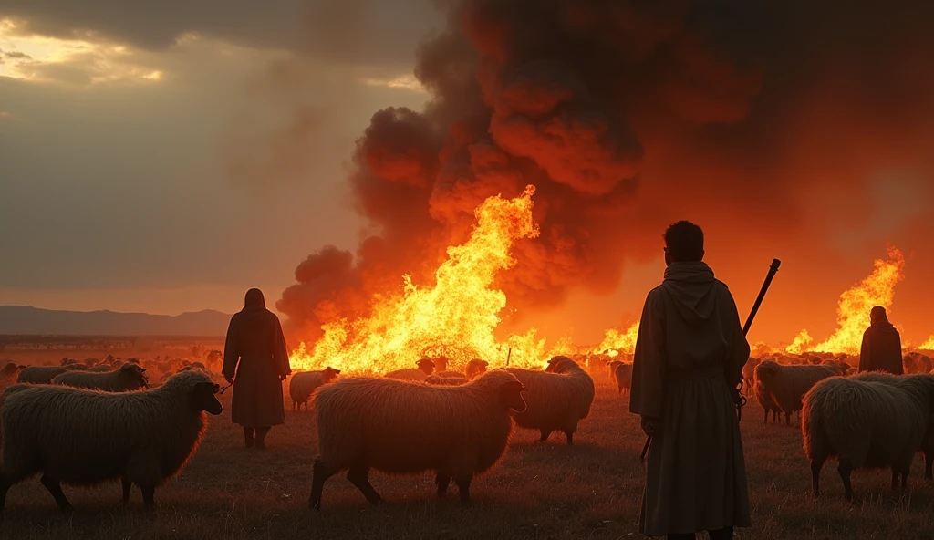 
Image Description: Create a realistic and impactful scene that portrays the harrowing moment in Job&#39;s story, as narrated in the Bible. The image should show a vast pasture under a stormy sky, where intense flames are consuming sheep and slaves. The flames must be vibrant and threatening., as black smoke rises towards the sky, creating a dramatic contrast with the surrounding environment. 

In the foreground, capture the expression of despair and pain on the slaves&#39; faces, who try in vain to save the animals. The sheep, Em meio ao caos, must be visibly scared, some already surrounded by fire. Job should not be in the scene.

Lighting should be gloomy, with the glow of the fire reflecting on the characters&#39; faces, emphasizing the tragedy of the scene. This image is meant to convey the emotional intensity and devastation that the story of Job represents., being appropriate for a shocking scene in a YouTube video.