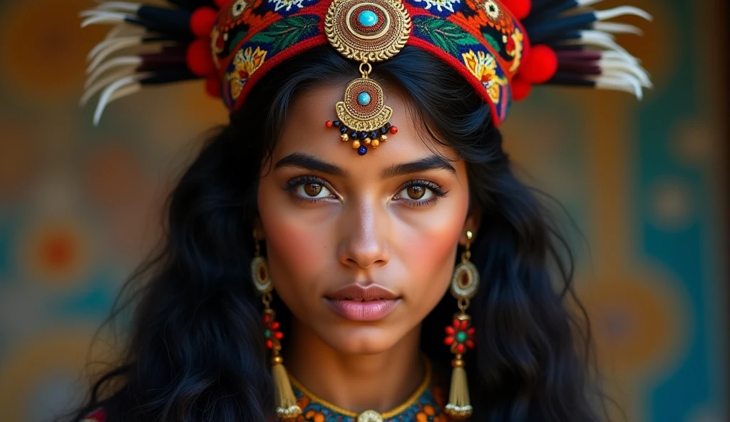 beautiful peruvian indian, wearing a headdress, blackquality hair, eyes browns, she's looking at the camera, your look is charming, Your face is serious, she is away from the camera