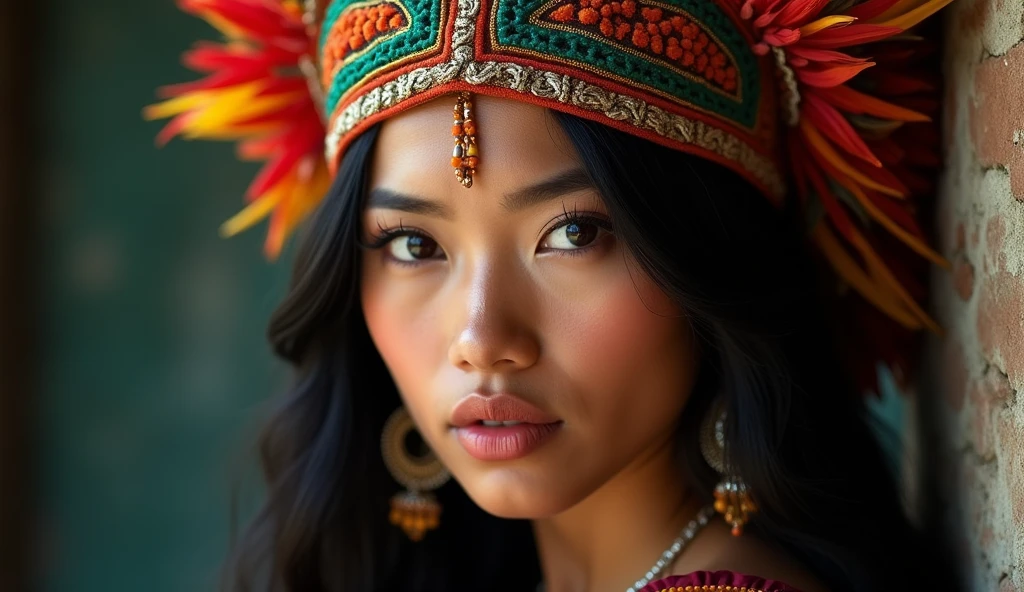 beautiful peruvian indian, wearing a headdress, blackquality hair, eyes browns, she's looking at the camera, your look is charming, Your face is serious, she is away from the camera