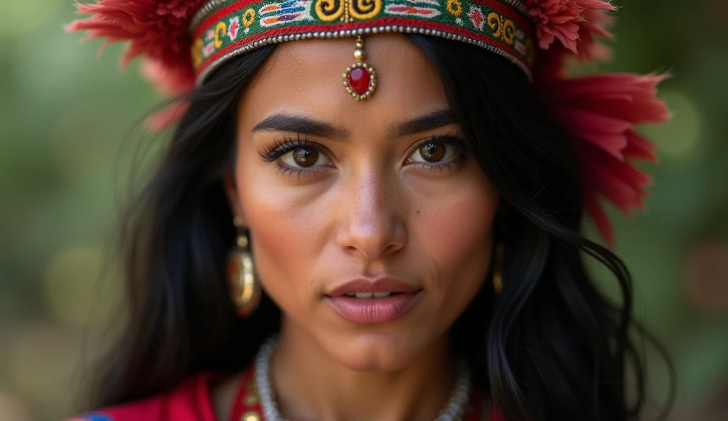 beautiful peruvian indian, wearing a headdress, blackquality hair, eyes browns, she's looking at the camera, your look is charming, Your face is serious, she is away from the camera