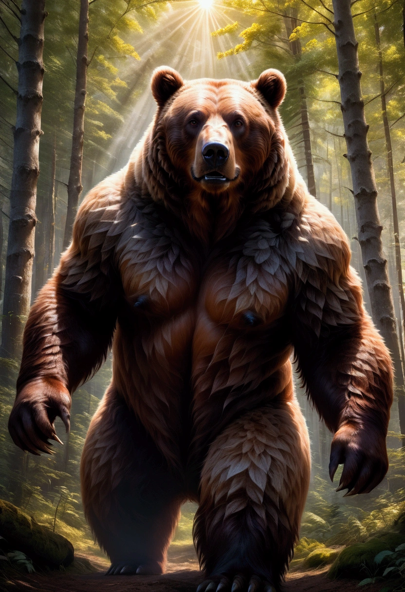 Brown Bear, a brown bear, detailed fur texture, standing in a forest, sunlight filtering through the trees, beautiful detailed eyes, detailed face, highly detailed, 8k, cinematic lighting, dramatic shadows, vibrant colors, award winning photography, masterpiece, best quality, very aesthetic, absurdres