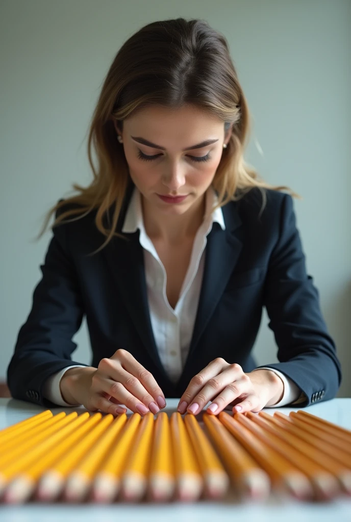 a woman lining up pencils to demonstrate perfectionism