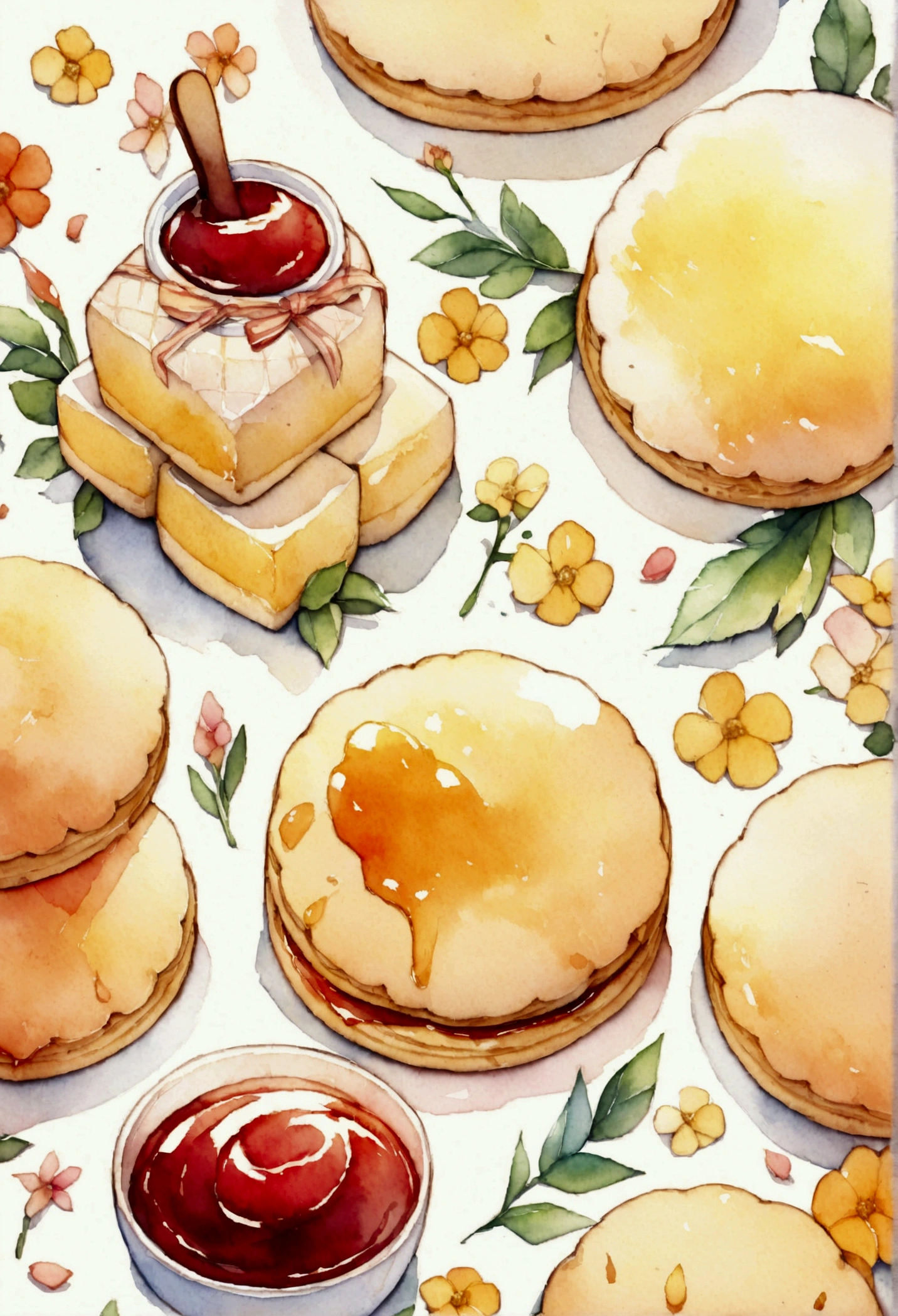 A beautiful watercolor illustration of 6 butter cookies whit jam and flowers