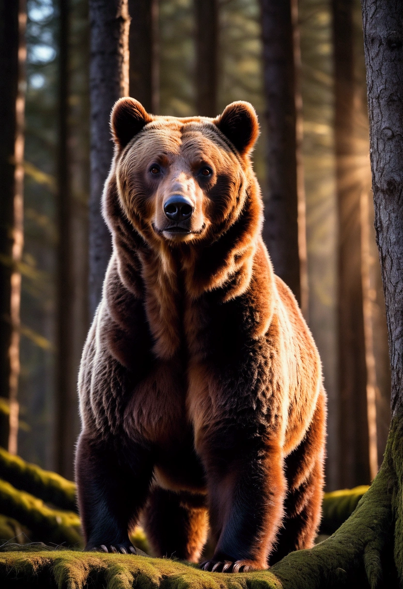 Brown Bear, a brown bear, detailed fur texture, standing in a forest, sunlight filtering through the trees, beautiful detailed eyes, detailed face, highly detailed, 8k, cinematic lighting, dramatic shadows, vibrant colors, award winning photography, masterpiece, best quality, very aesthetic, absurdres