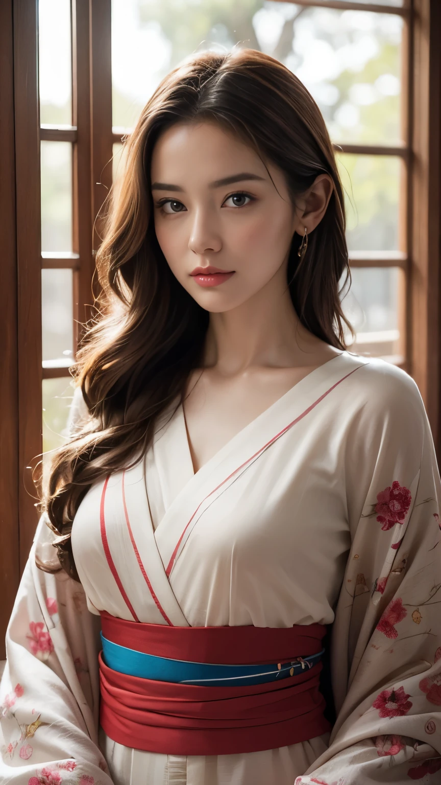 highest quality、Perfect Face、Perfect Style、perfect body、Sunburn、beautiful lady、mature、long curly layer brown hair、Swept-back hair、full body, sexly 、charming、healthy、of the highest quality、8K、
a beautiful lady in kimonos posing, in the style of liam sharp, 32k uhd, webcam, iPhone RAW quality photography, brightened colors, nature in theme, eve ventrue, smooth and curved lines, mid body shot, intensity but pleasent in facial expression. Avant-garde
