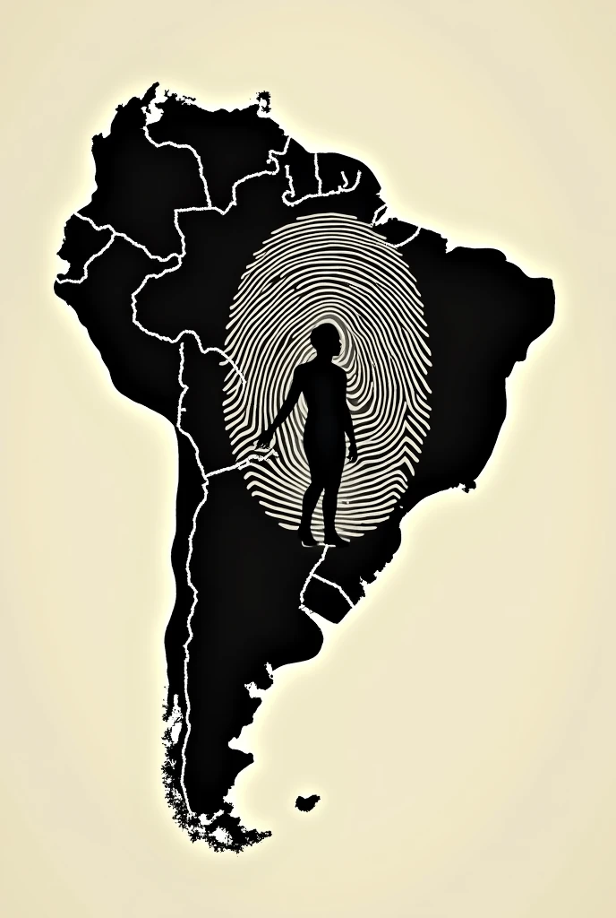 outline of the map of Brazil containing inside the drawing of a fingerprint with the silhouette of a person representing indigenous resistance