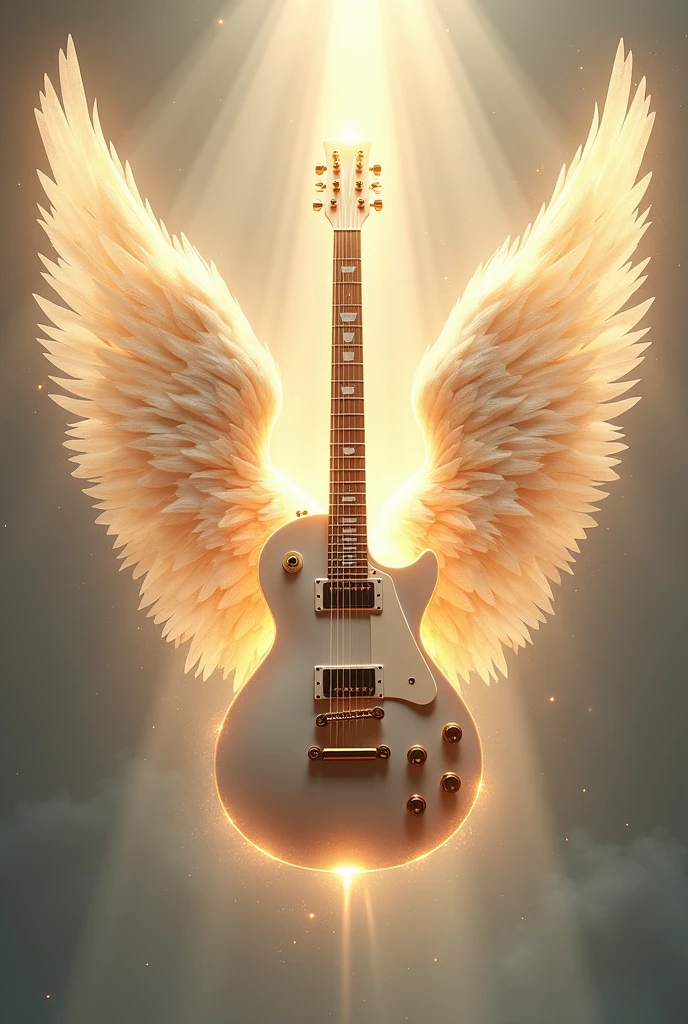 create a white guitar, with some golden rays, and some wings