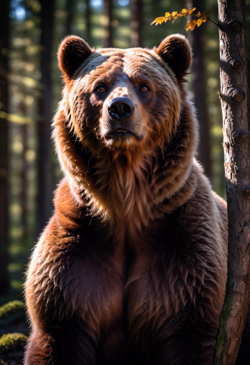 Brown Bear, a brown bear, detailed fur texture, standing in a forest, sunlight filtering through the trees, beautiful detailed eyes, detailed face, highly detailed, 8k, cinematic lighting, dramatic shadows, vibrant colors, award winning photography, masterpiece, best quality, very aesthetic, absurdres