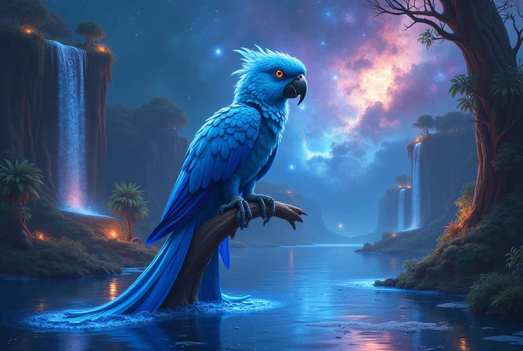 An enchanting blue macaw perched on a mystical tree branch in a surreal wetland. The bird's vibrant blue feathers shimmer under a magical glow. The surrounding environment features luminescent plants, floating islands, and cascading waterfalls with sparkling water. In the background, a sky filled with swirling galaxies and radiant nebulae adds a cosmic touch to the scene.
