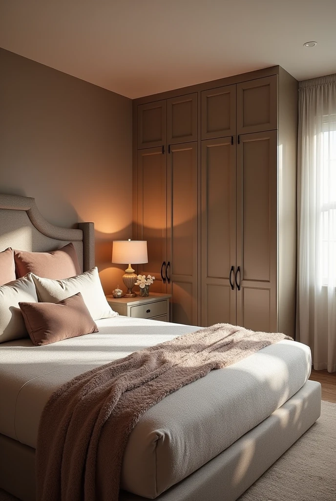 The bedroom is a personal refuge. create 3 cozy environments with an upholstered headboard for a touch of comfort, custom wardrobe with calming colors