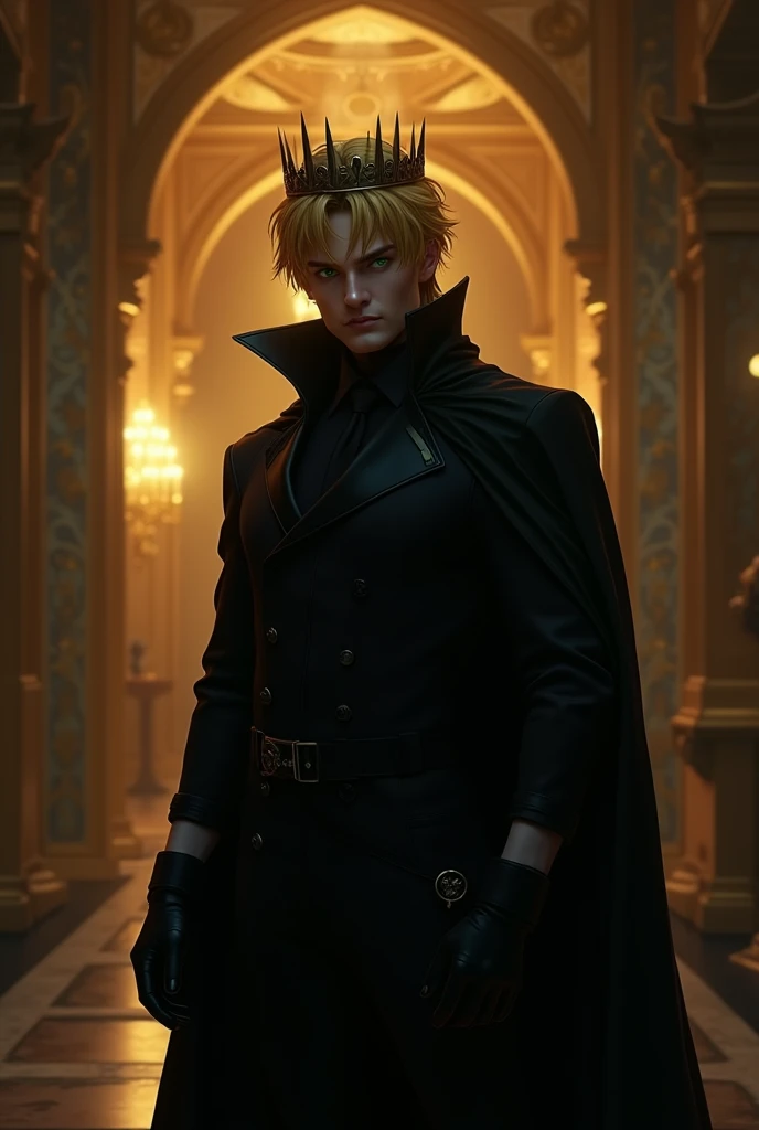 A distant image, at night, un hombre extremadamente hermoso y very engreído, golden hair, very masculino, very guapo, big and fit, green eyes, dressed in black, all covered with the cape, He is a king, with black gloves on his hands, with a black cape, a golden crown on its side, at night, in the background a golden room with black, very poco iluminada, very, pero very hermoso