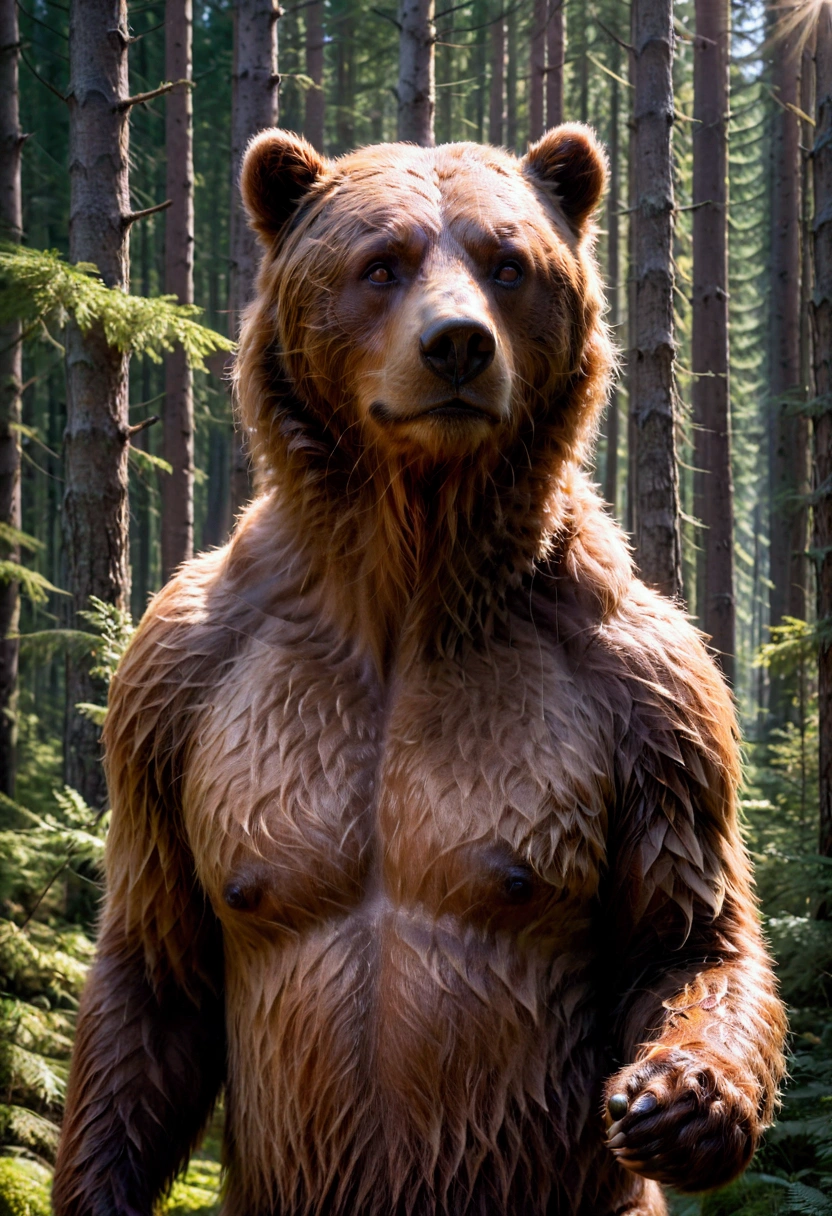 Brown Bear, a brown bear, detailed fur texture, standing in a forest, sunlight filtering through the trees, beautiful detailed eyes, detailed face, highly detailed, 8k, cinematic lighting, dramatic shadows, vibrant colors, award winning photography, masterpiece, best quality, very aesthetic, absurdres