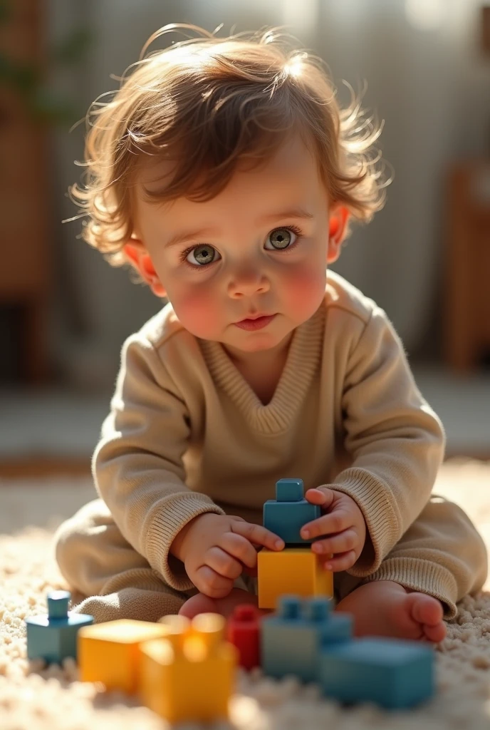 Create a 4K photorealistic image of a 2 year kid boy named Néo. He has full cheeks and is dressed in a soft. The photo captures him sitting on a rug with building blocks, his face lit up by the warm afternoon light. The image is taken with a prime lens (50mm f/1.2) to focus sharply on his face while blurring the background gently, emphasizing his imaginative expression. A slight zoom is applied to highlight the warmth and creativity of the scene. Ensure that his hands are visible with exactly five fingers.
