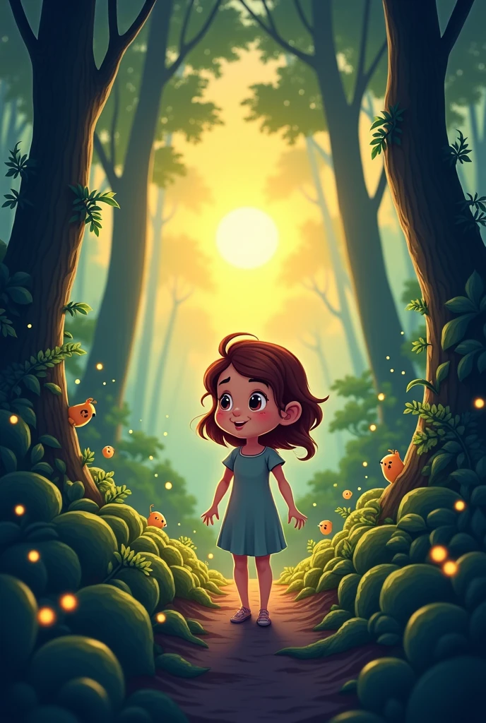 a picture of Sofia walking through the forest but it&#39;s starting to get dark in cartoon mode