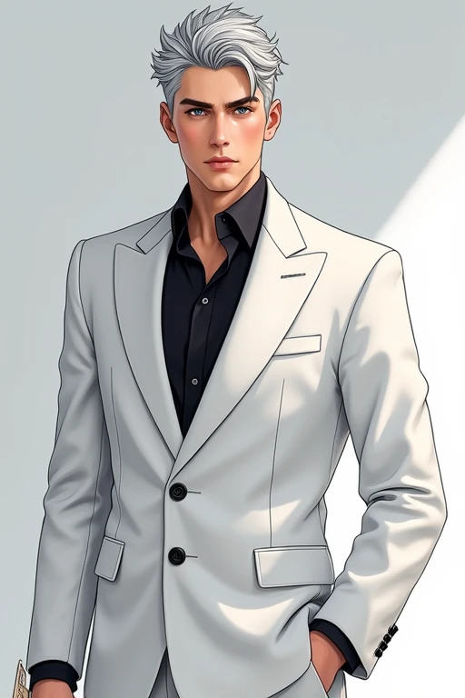 ((Highest quality)), ((masterpiece)), (detailed),White suit,male,20-year-old,White tie,Grey Hair,blue eyes,Black shirt,half,stand,Hold the card in your left hand,Place your right hand on your hip