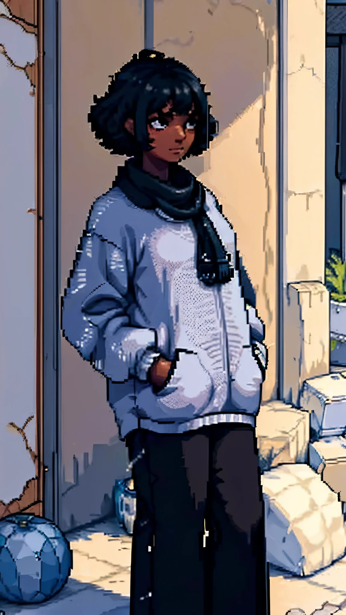 A portrait with a woman with dark skin and curly short hair with a look of determination and curiosity. She is wearing a loose sweater., which can be black or dark blue, with a modern and elegant design. 
She has her hands in her blouse pockets, giving an air of relaxation and introspection. . The young woman observes the immensity with a mixture of admiration and contemplation., absorbing the beauty and tranquility that the place offers.