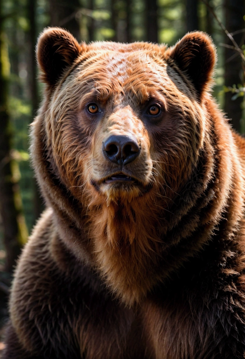 Brown Bear, a brown bear, detailed fur texture, standing in a forest, sunlight filtering through the trees, beautiful detailed eyes, detailed face, highly detailed, 8k, cinematic lighting, dramatic shadows, vibrant colors, award winning photography, masterpiece, best quality, very aesthetic, absurdres