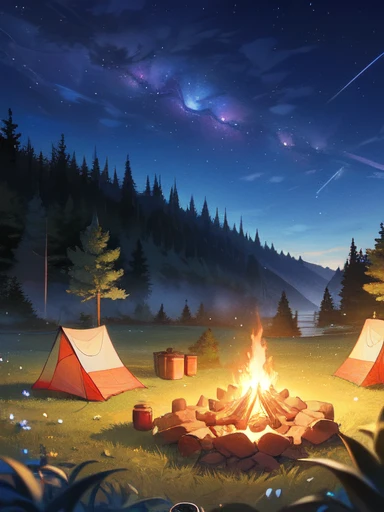 8k,Extremely detailed, masterpiece,High resolution,Highest quality,Increase the resolution,Cinema Lighting,Different space，Ultra Wide Angle，Wide angle of view，One girl，Short Bob，smile，Solo Camping，Pop-up tent，Simple fire pit，Small bonfire，Canned food，Milky Way，Above Jupiter，Different world，Colorful Earth