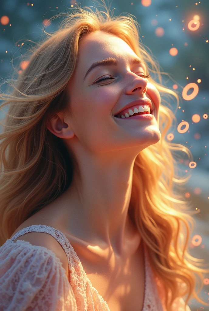 Image of a beautiful woman, glad, SURROUNDED BY LIGHT AND NUMBERS