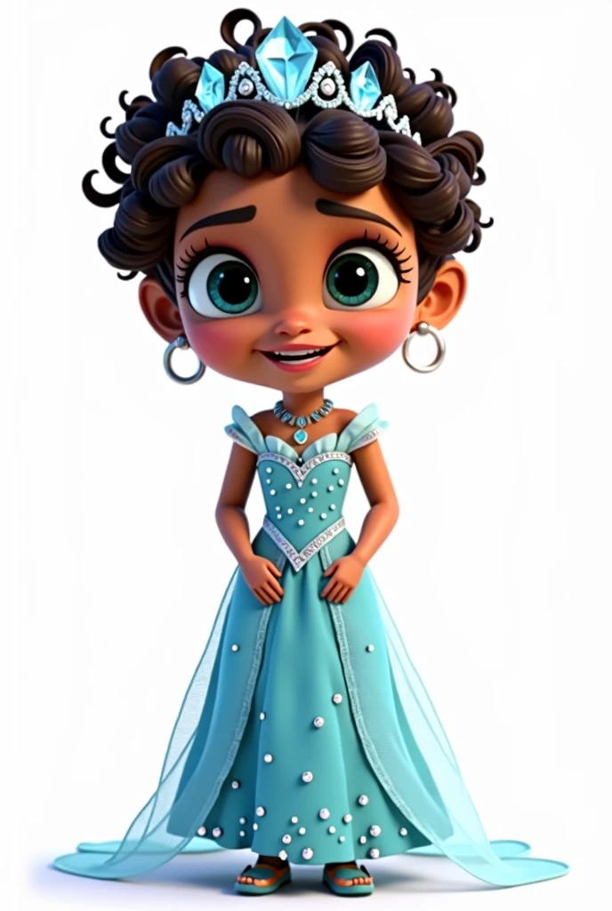 Create a high-quality, high-definition (HD) Pixar 3D-style image with vivid colors and sharp lines. The image should include: A  girl, standing with her hands on her waist, with olive skin and dark brown hair with many curls and very short, at ear level, she wears an ice crown. leaf green eyes, happy and expressive. She is wearing a light blue dress with small sparkling stones, inspired by the character Elsa from the movie "Frozen".  The girl is smiling and looking at the camera, she must appear full body with her hands on her waist.
The image must have a white rendered background.