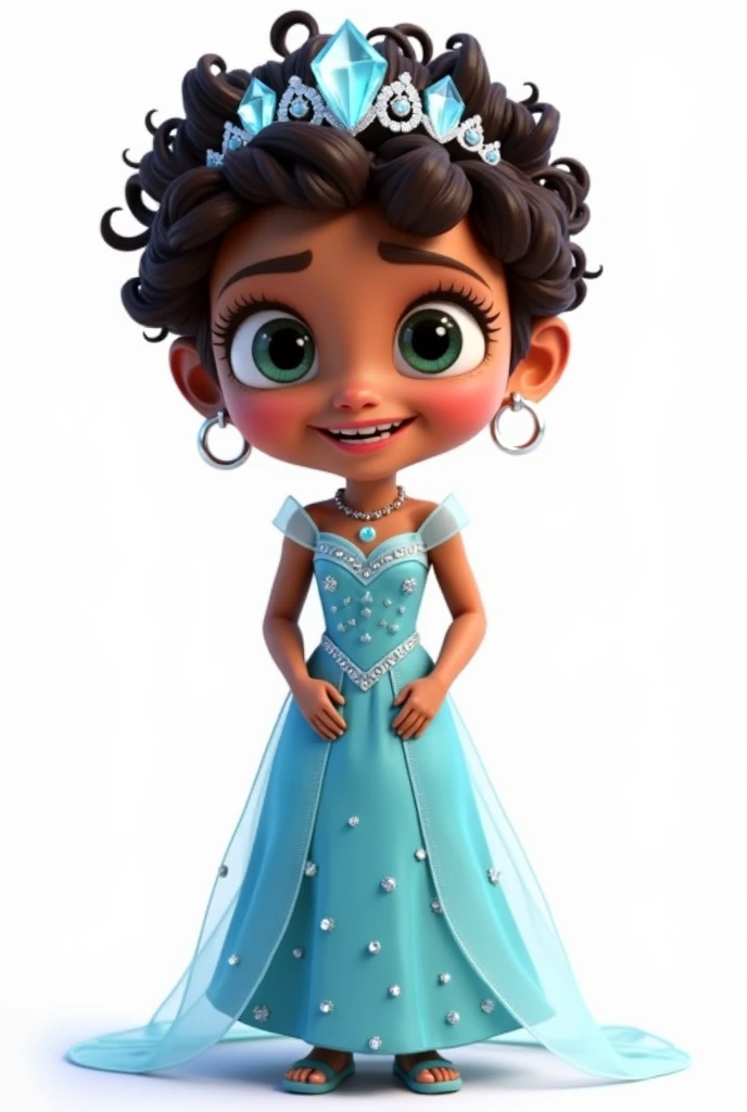 Create a high-quality, high-definition (HD) Pixar 3D-style image with vivid colors and sharp lines. The image should include: A girl, standing with her hands on her waist, with olive skin and dark brown hair with many curls and very short, at ear level, she wears an ice crown. leaf green eyes, happy and expressive. She is wearing a light blue dress with small sparkling stones, inspired by the character Elsa from the movie "Frozen". The girl is smiling and looking at the camera, she must appear full body with her hands on her waist.
The image must have a white rendered background.