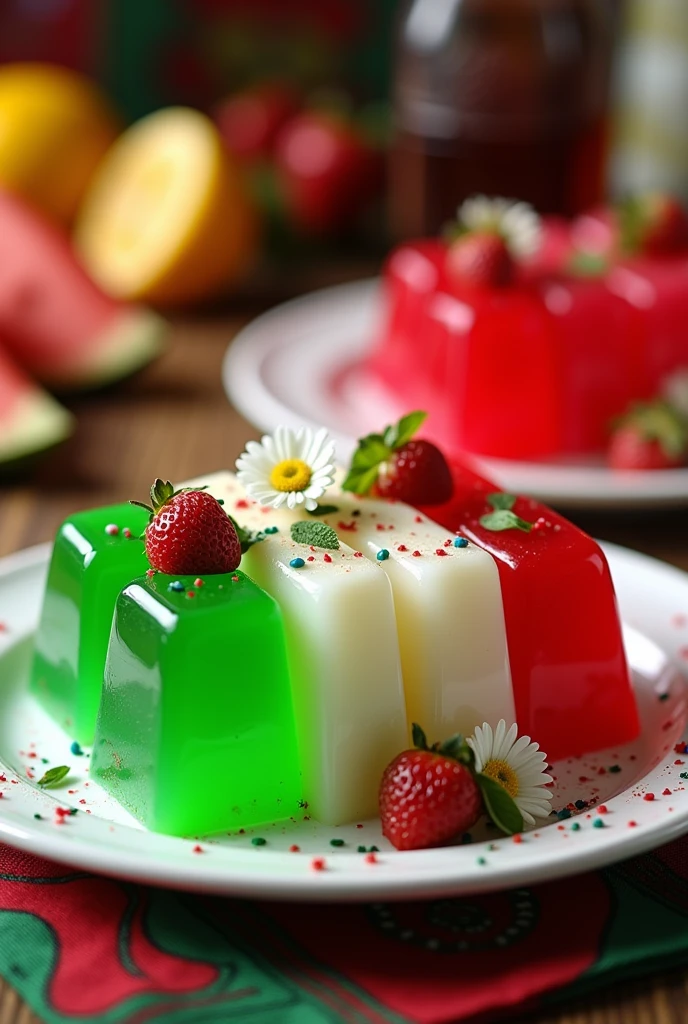 Table with green, white and red gelatins for Mexican national holidays