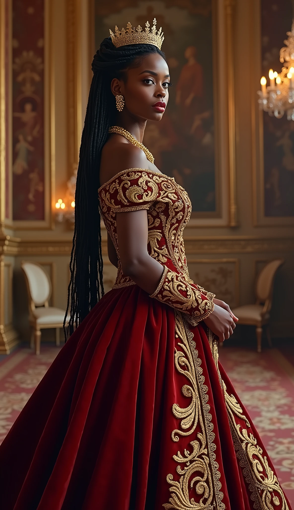 Subject: A striking black model with captivating features and regal poise, her hair adorned in an elaborate crown braid intertwined with pearls and golden adornments. Her makeup is dramatic and regal, with a flawless complexion, bold eyebrows, and a deep red lip that commands attention.
Clothing: The model is draped in a custom-made gown, inspired by historical queenly attire. Imagine rich velvet textures, intricate gold embroidery, and a flowing train that trails behind her like royalty.
Setting: A majestic palace hall, bathed in the warm light of flickering candles and adorned with tapestries and opulent furniture. The model stands tall amidst the grandeur, her presence radiating power and grace.
Mood: Royalty, strength, and timeless beauty, capturing the essence of a queen in a modern context.