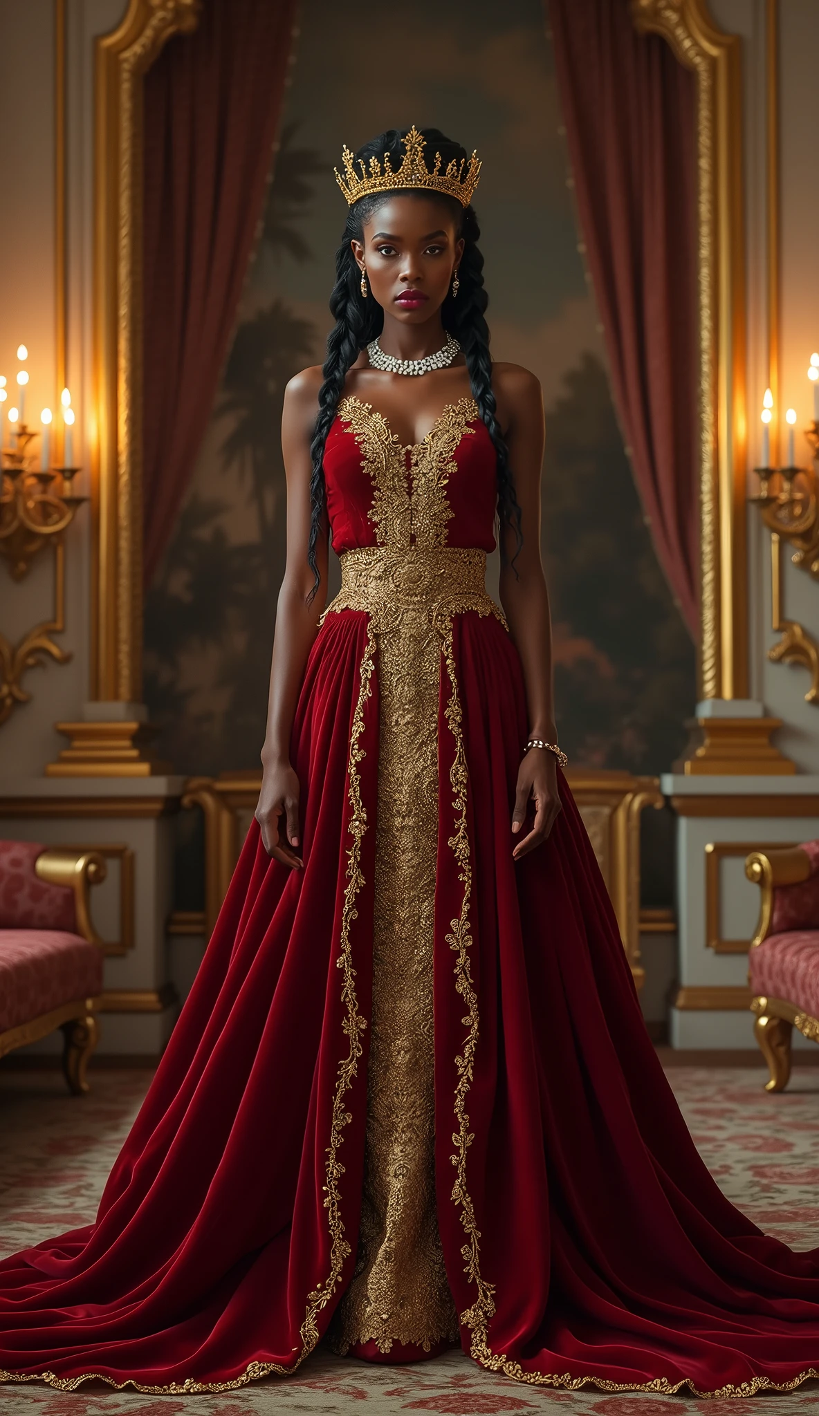 Subject: A striking black model with captivating features and regal poise, her hair adorned in an elaborate crown braid intertwined with pearls and golden adornments. Her makeup is dramatic and regal, with a flawless complexion, bold eyebrows, and a deep red lip that commands attention.
Clothing: The model is draped in a custom-made gown, inspired by historical queenly attire. Imagine rich velvet textures, intricate gold embroidery, and a flowing train that trails behind her like royalty.
Setting: A majestic palace hall, bathed in the warm light of flickering candles and adorned with tapestries and opulent furniture. The model stands tall amidst the grandeur, her presence radiating power and grace.
Mood: Royalty, strength, and timeless beauty, capturing the essence of a queen in a modern context.