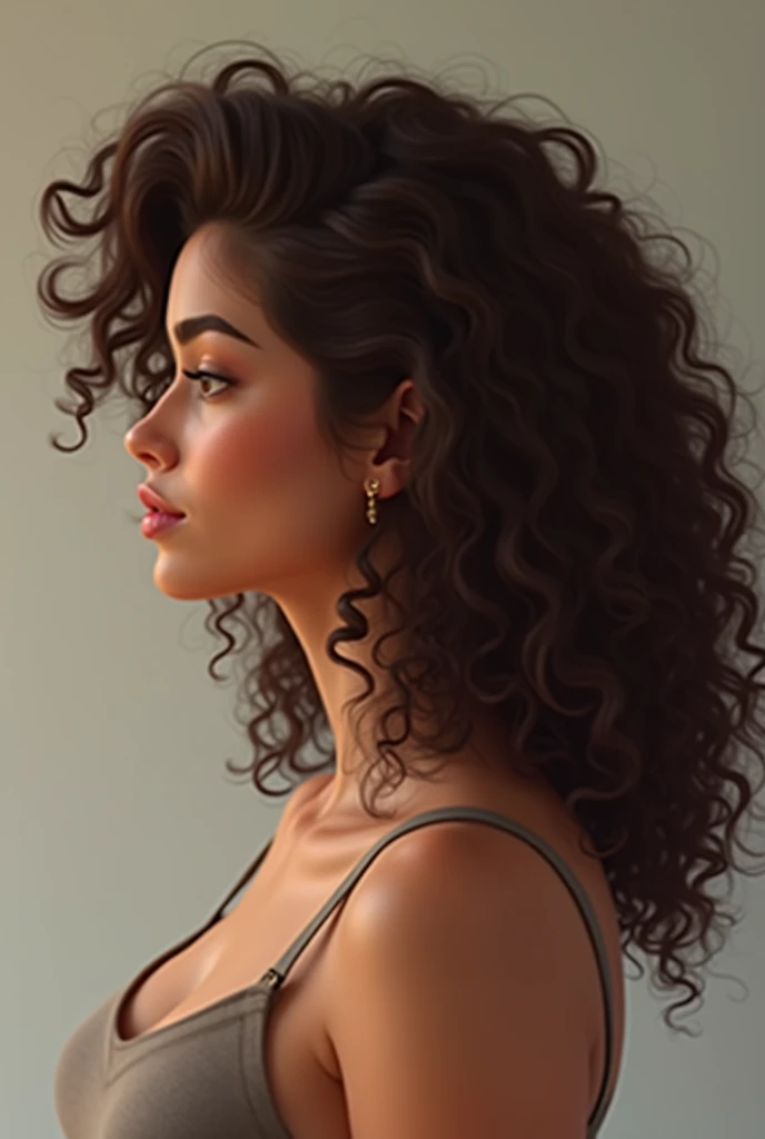 Chubby curly brunette woman in profile