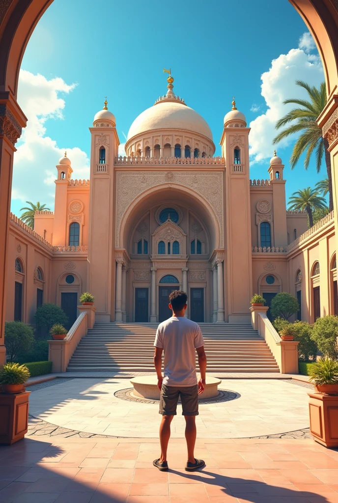 A man wearing a summer shirt and summer shorts looks from a distance at the Grand Theater of Rabat, very realistic and real