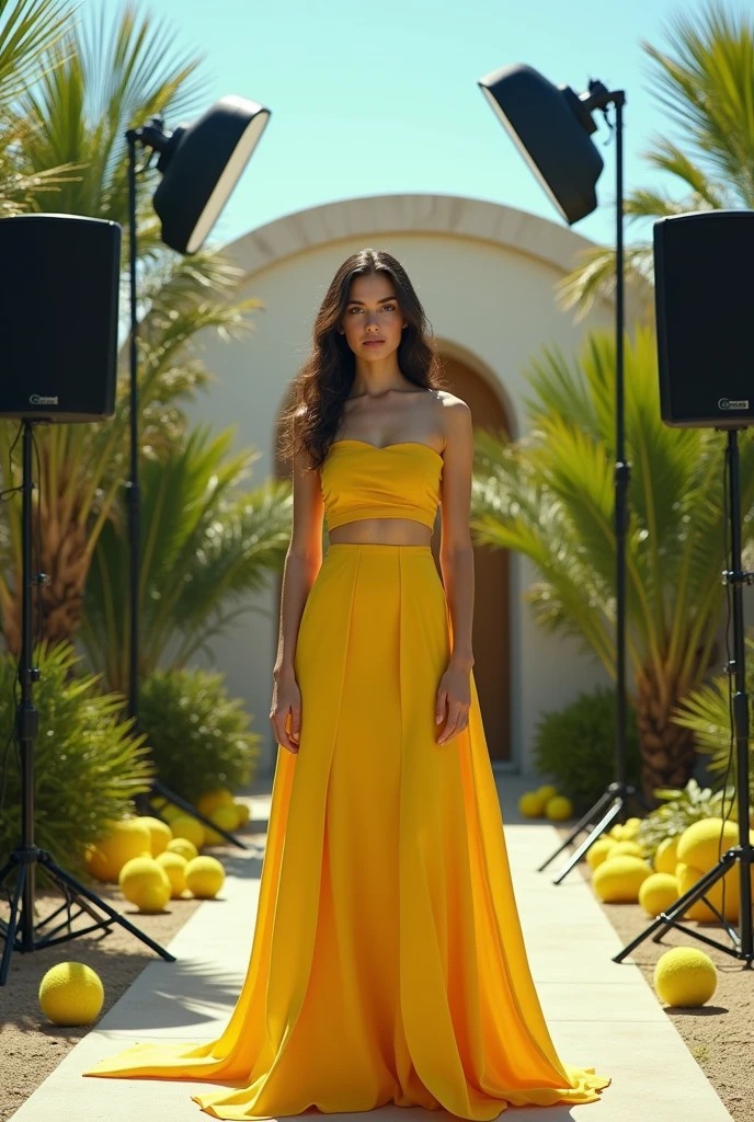 high fashion photography,stage structures,greenery,daytime,speakers,cables,yellow tennis balls,centered subject,medium close-up,frontal angle,eye-level perspective,glamour photography,flat color scheme,shot on Sony A9 II with Sony FE 24-70mm f-2.8 GM,photo by Alessio Albi