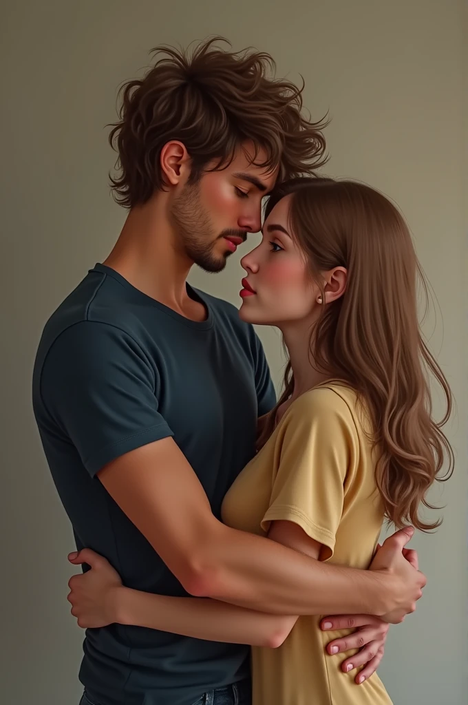 A 30-year-old boy in a navy blue t-shirt with dark blond curly hair with a goatee of medium-slim build hugging a slim woman with waist-length light brown hair with white skin big eyes and long eyelashes thin lips natural-colored curly hair
