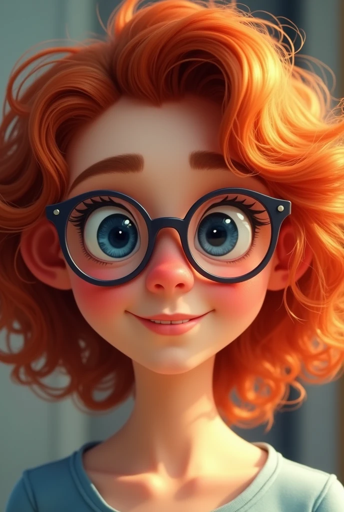Red curly hair, woman, round bottom glasses, animated, smile, blue eyes, small neck, round face, High Resolution, blouse