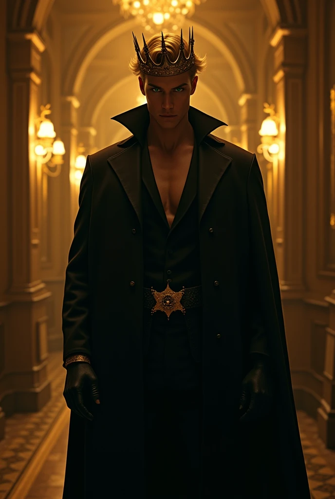 A distant image, at night, un hombre extremadamente hermoso y very engreído, golden hair, very masculino, very guapo, big and fit, green eyes, dressed in black, all covered with the cape, He is a king,  with black gloves on his hands, with a black cape, a golden crown on its side, at night, in the background a golden room with black, very poco iluminada, very, pero very hermoso 
