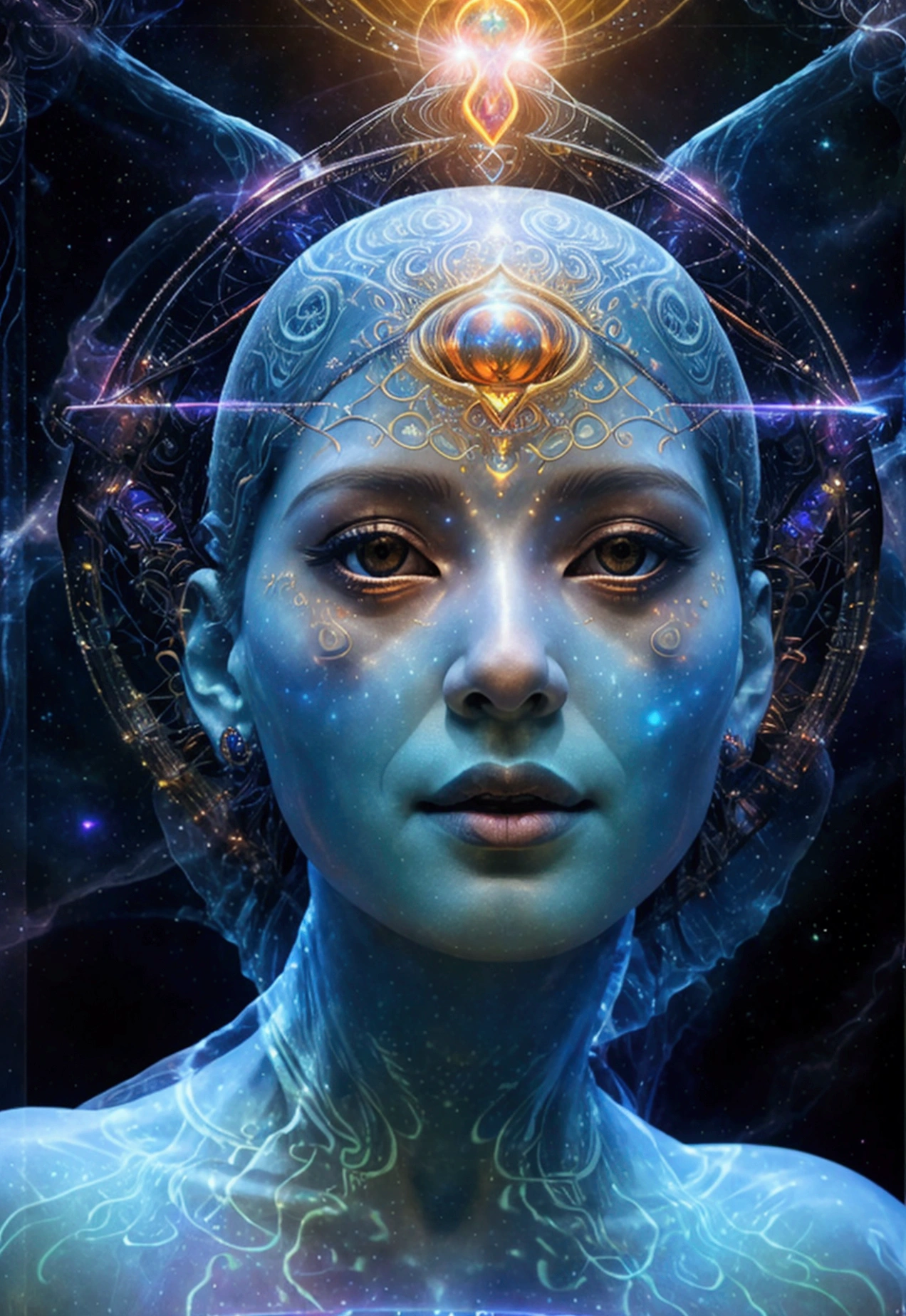 ultrarealistic and extremely detailed, Samuel Farrand like artwork, depicting an extradimensional alien entity constrained within ancient geometry, intricate and detailed mandala designs, symbols, life form in a solar or space type of feel and fused with the lights and darks of space, blackness, bright, complex and beautiful, surreal, all seeing, shaman, deity, glowing, smoke, intertwined images of realistic 3D physical life forms, lighting effects, higher elevation, space spirit angel, instinctual, velocity, lucid dream, sacred spirit, 3rd eye illumination, perspective, superimposed