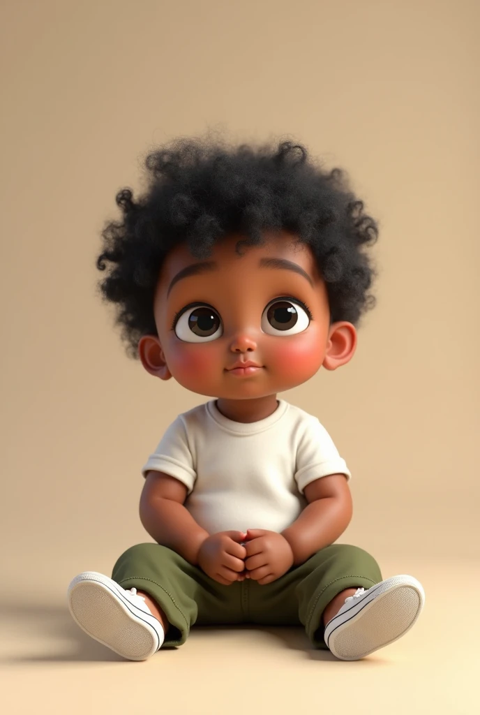  sitting alone with black curly hair on the side, dark round eyes with a spot on the cheek white shirt military green pants and white all star 