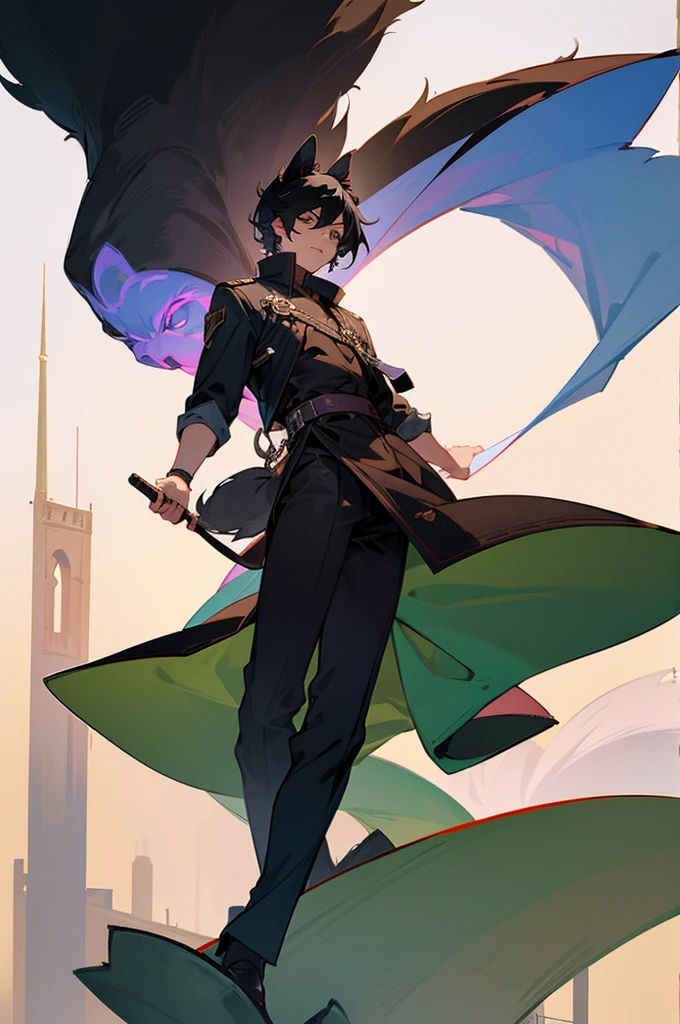 Male, Young adult, Black Hair, Tower Background, Dog tail