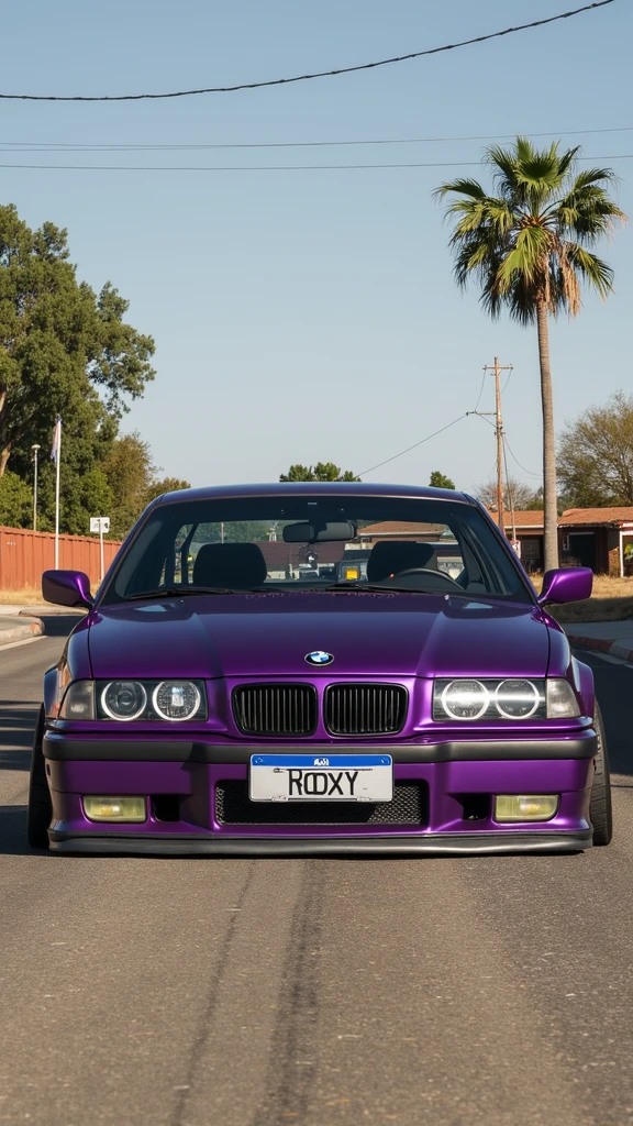 Make a cartoon of this purple BMW by removing everything around it with the black and purple background, and the word roxy written on her license plate