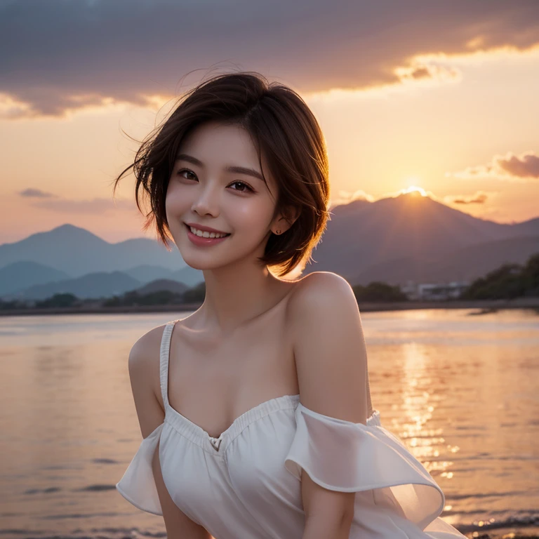 Highest quality,cute,Laugh heartily,Smooth Skin,Shoulder-length brown short hair in the sun,Gradient sunset and clouds