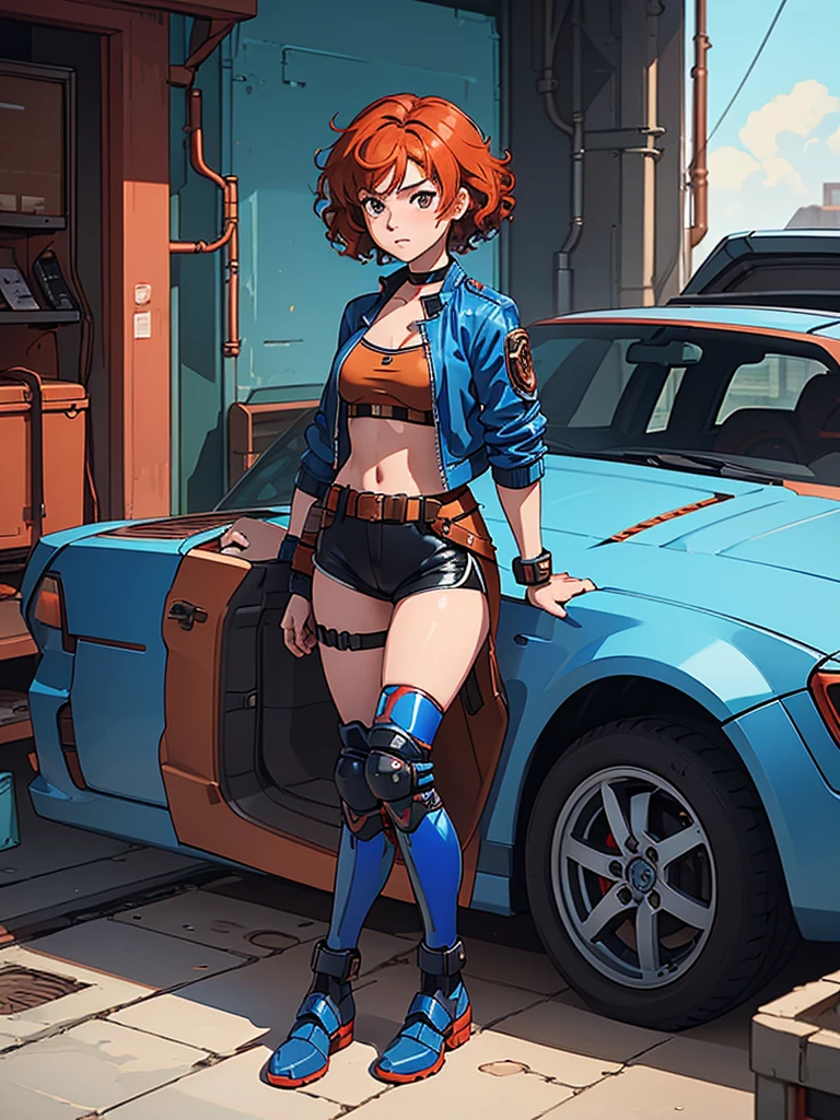 (masterpiece), (best quality), ((one girl)), ((alone)),copper red hair,(brown eyes),short hair, curly hair, side parted hair bangs, anime style, freckles, (small breast), (petite figure), (blue tank top),(black shorts) , ((knee pads)),legs, (desert background))