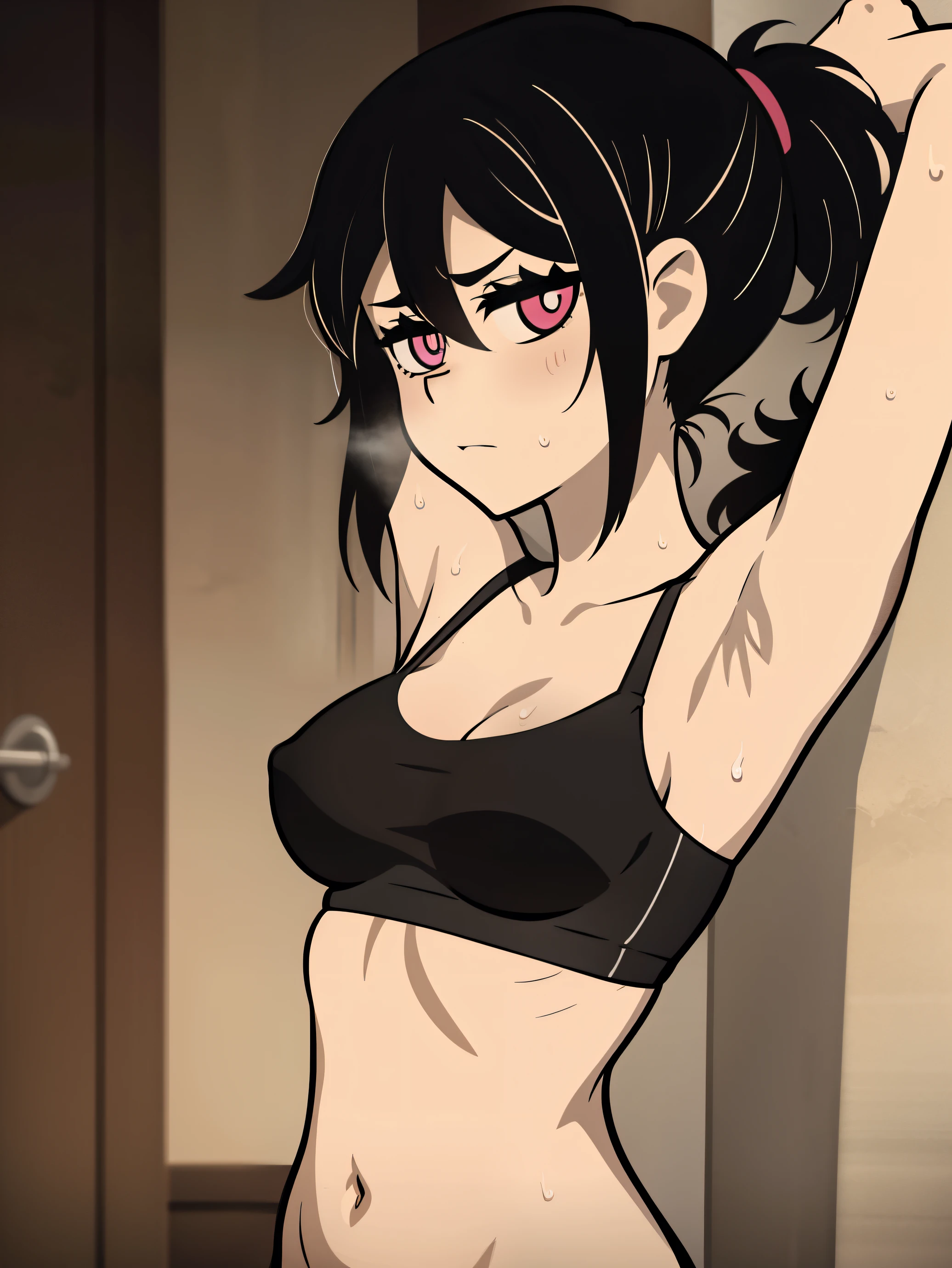 Highres, Masterpiece, Best quality at best,Best Quality,hight quality, hight detailed, Anime style, 1girl, young girl, leyleyxl, solo, (black hair), ponytail, (white pupils, pink eyes:.6), messy hair, short ponytail, upper body, Slim body, bright pupils,tcoaal, solo, looking at viewer, Bra, Big breast, (Showing armpit:1.3), (very young boy), (very small and short body), simple beckground, hansome boy, Uhd, bokeh, sweat