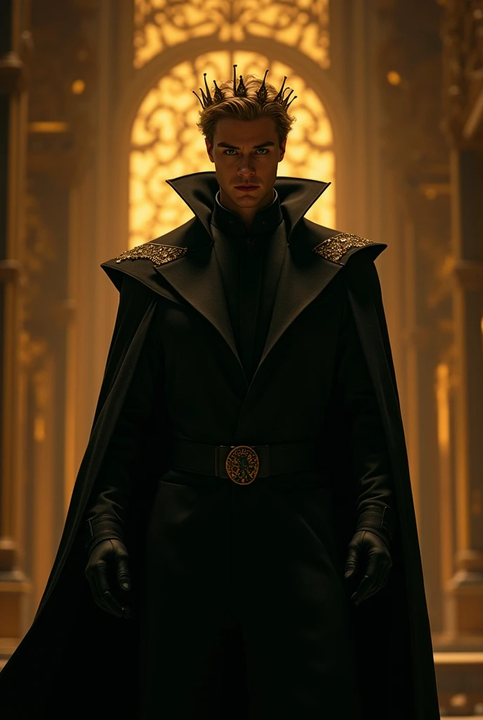 A distant image, at night, un hombre extremadamente hermoso y very engreído, golden hair, very masculino, very guapo, big and fit, green eyes, dressed in black, all covered with the cape, He is a king,  with black gloves on his hands, with a black cape, a golden crown on its side, at night, in the background a golden room with black, very poco iluminada, very, pero very hermoso 