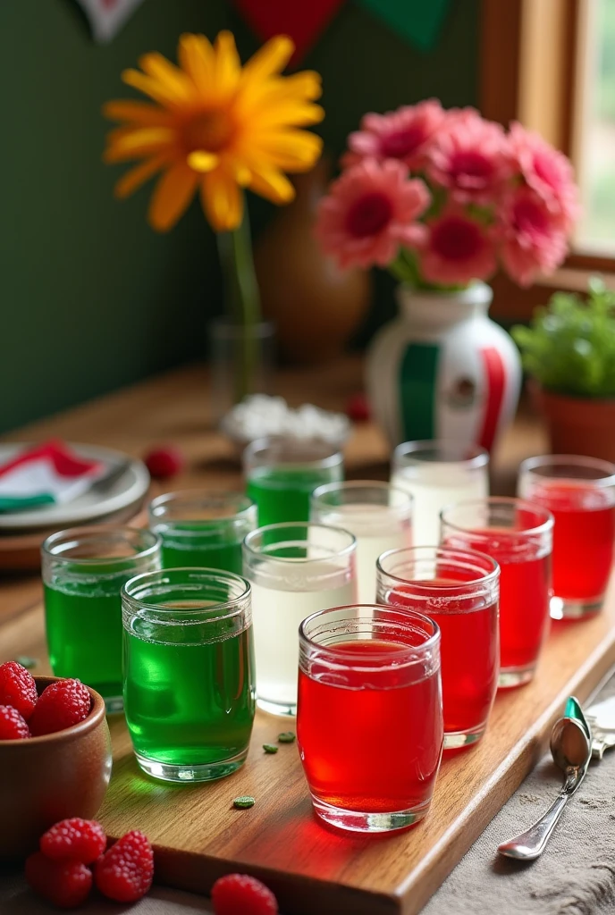 Table with gelatins in green, white and red cups for Mexican national holidays