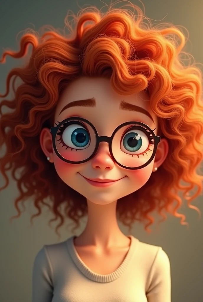 Red curly hair, woman, round bottom glasses, animated, smile, blue eyes, small neck, round face, High Resolution, blouse