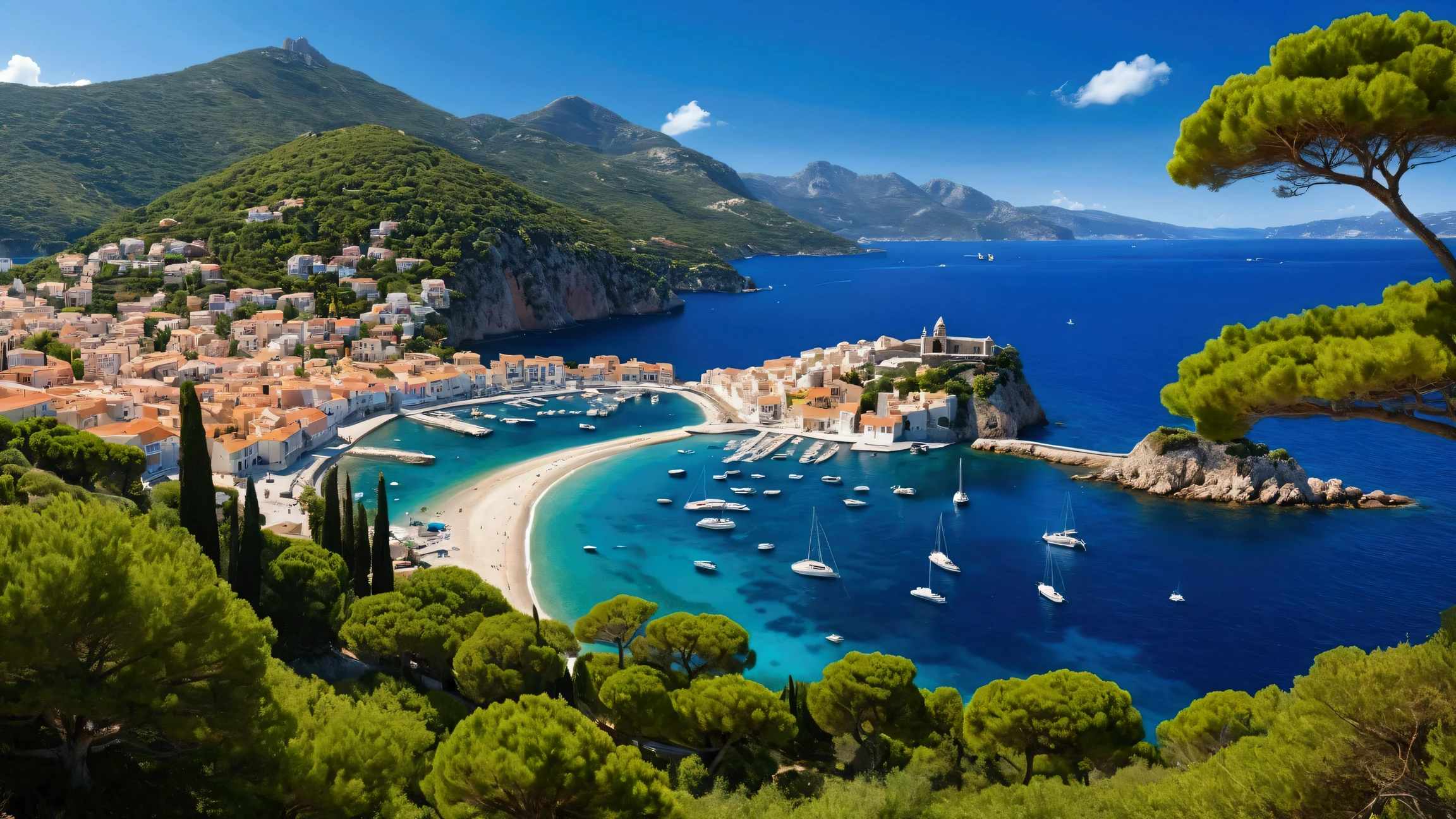 Create an ultra-high-definition, photorealistic image of a stunning Mediterranean bay. In the distance, the endless blue sea meets the sky with scattered white clouds, with gentle waves rolling across the water. On the left side of the image, a mountain range rises with lush green forests and snow-capped peaks. To the right, a charming hillside town with white houses featuring red roofs and blue-domed cathedrals overlooks the bay. A winding road snakes from the seaside up to the town. The town's marina is dotted with various sailboats, and on the bay, numerous boats of different sizes can be seen. In the middle of the bay, a solitary island stands with a red-roofed house and a tall, fluttering flag.